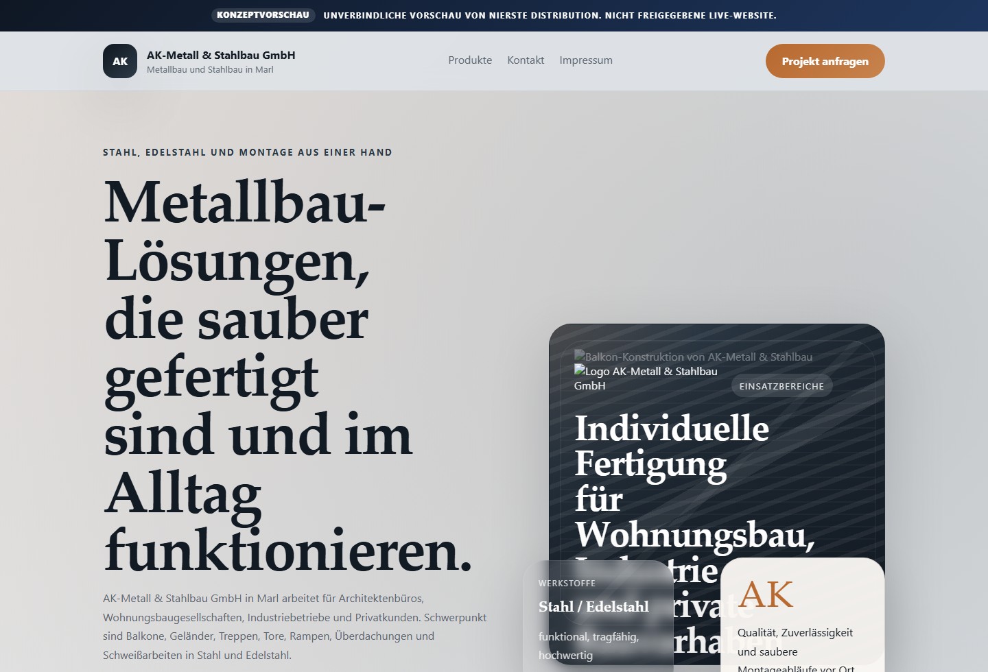 Konzeptvorschau f&uuml;r AK-Metall & Stahlbau GmbH: Editorial-Display-Headline 'Metallbau-L&ouml;sungen, die sauber gefertigt sind und im Alltag funktionieren.'
