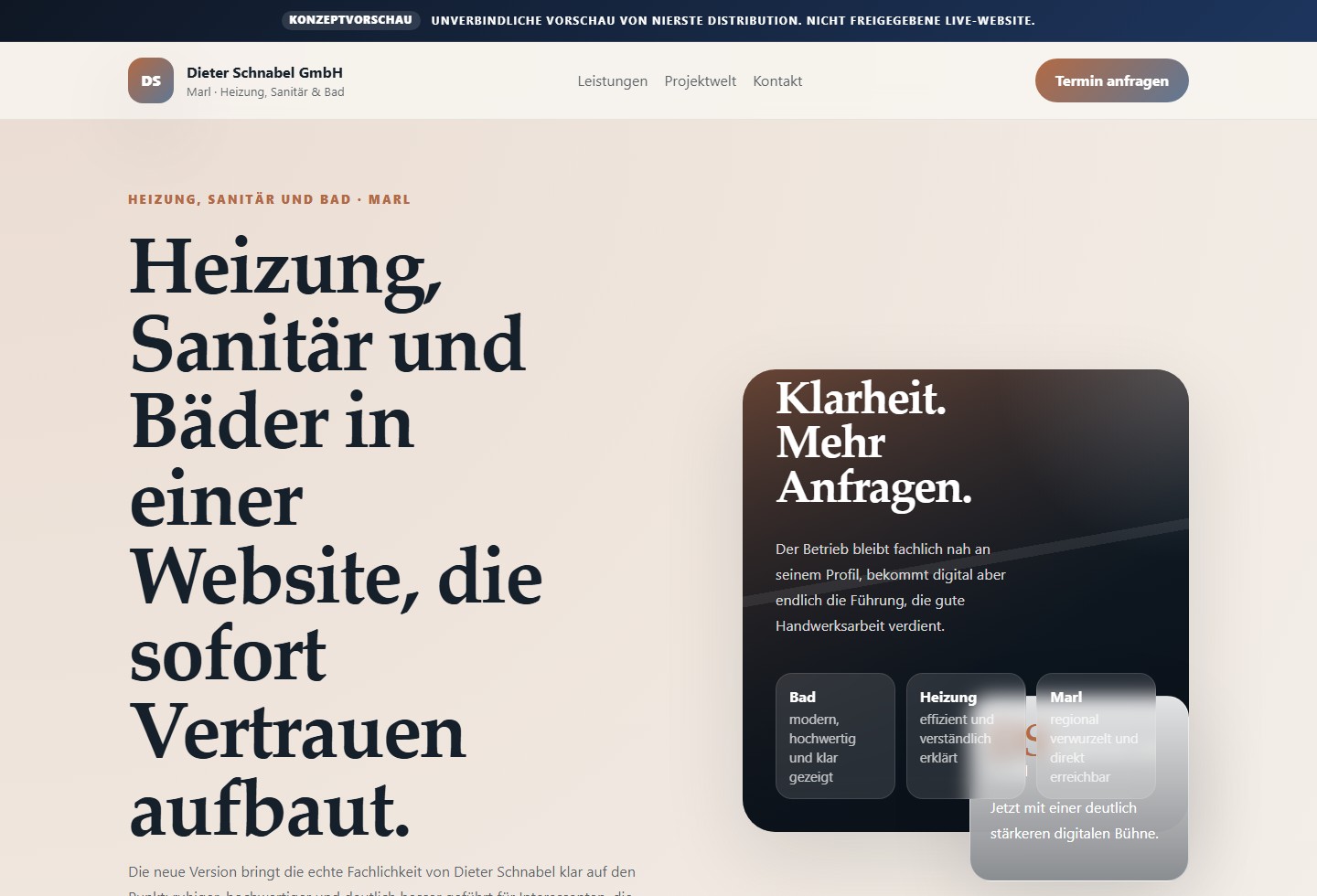 Konzeptvorschau f&uuml;r Dieter Schnabel GmbH (Heizung, Sanit&auml;r, Bad): Display-Headline 'Heizung, Sanit&auml;r und B&auml;der in einer Website, die sofort Vertrauen aufbaut.'